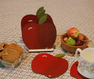 Newton's Apple Handpainted Wooden Coasters - Red, Set Of 6 With Stand (4x4 Inch)