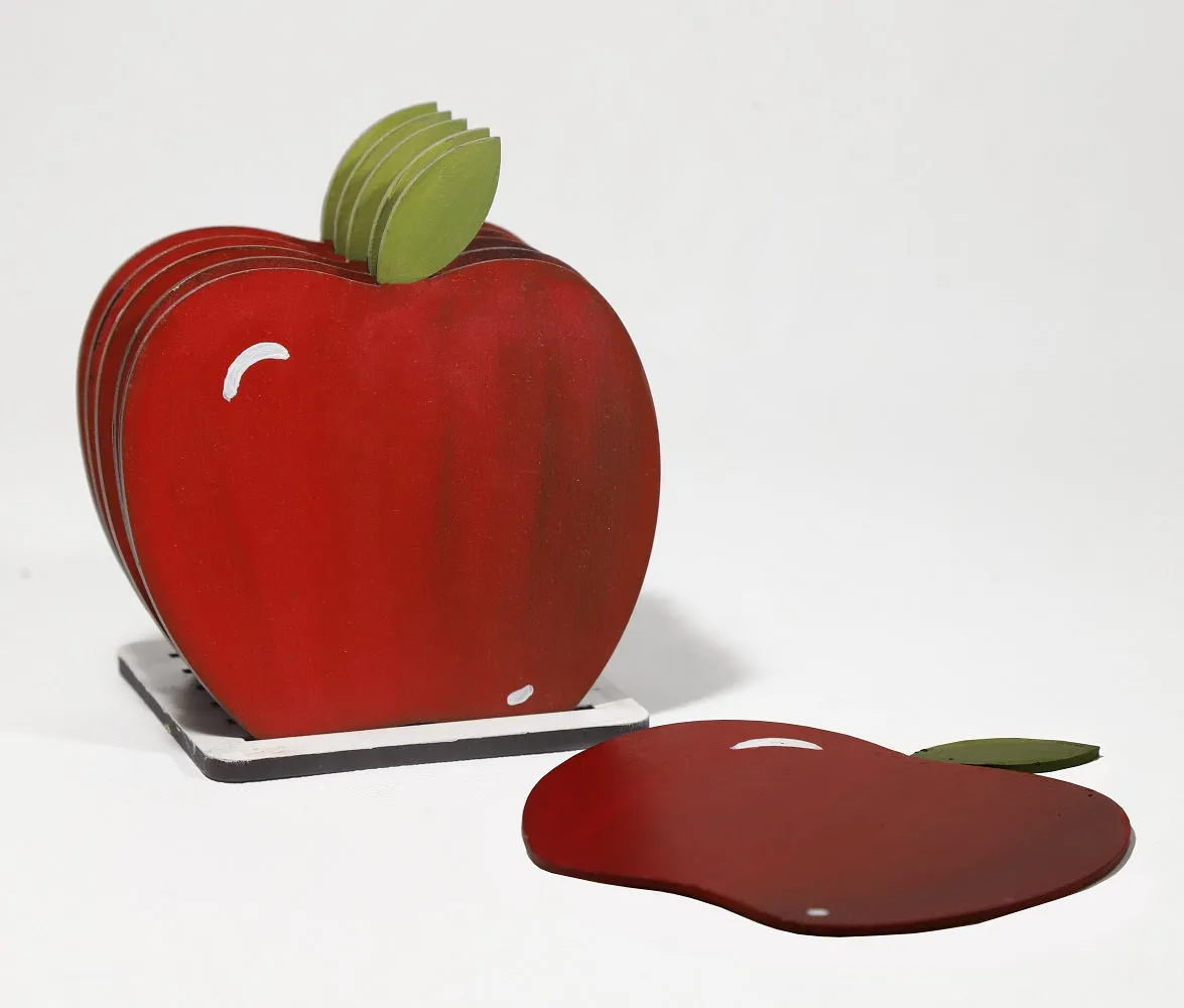 Newton's Apple Handpainted Wooden Coasters - Red, Set Of 6 With Stand (4x4 Inch)