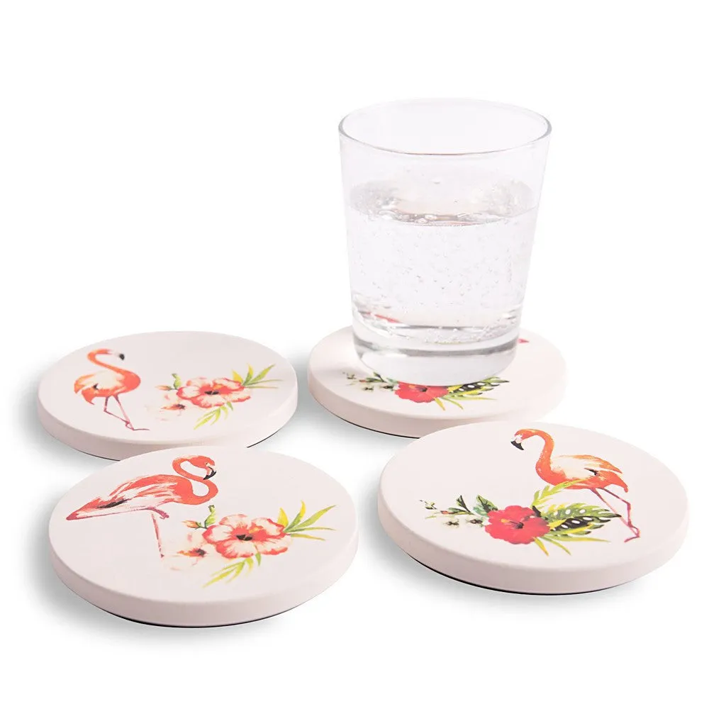 Nostalgic Pink Flamingos and Tropical Flower Absorbent Ceramic Coasters