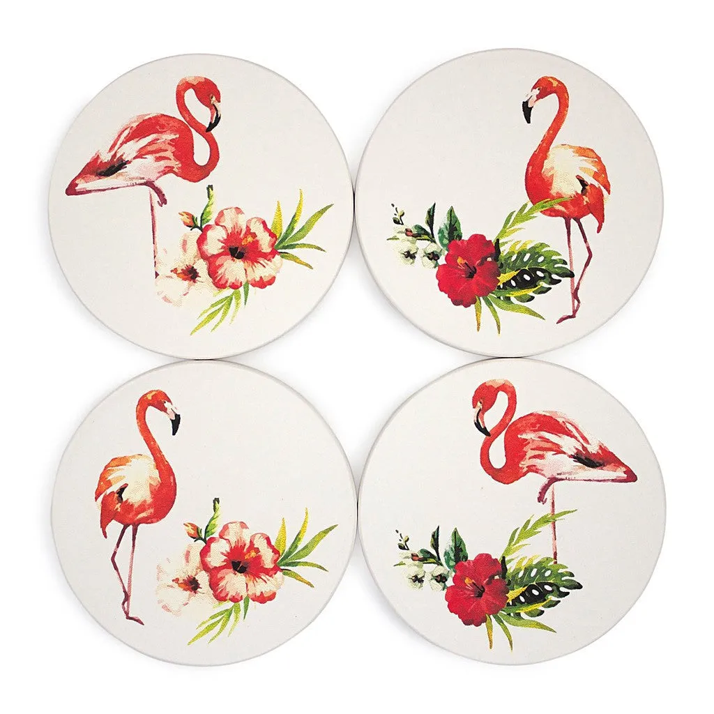 Nostalgic Pink Flamingos and Tropical Flower Absorbent Ceramic Coasters