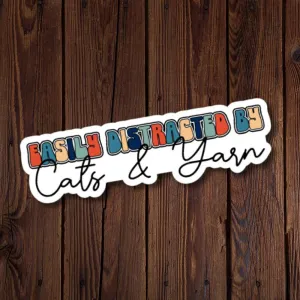 R J Designs Vinyl Sticker - Easily Distracted By Cats & Yarn