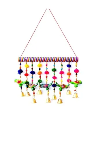 Rajasthani Traditional Windchimes|5 Hanging Birds with Bamboo|Polyester Handcrafted Wall Hangings for Home Decoration Latkan HOMESTIC Polyester Windchime||