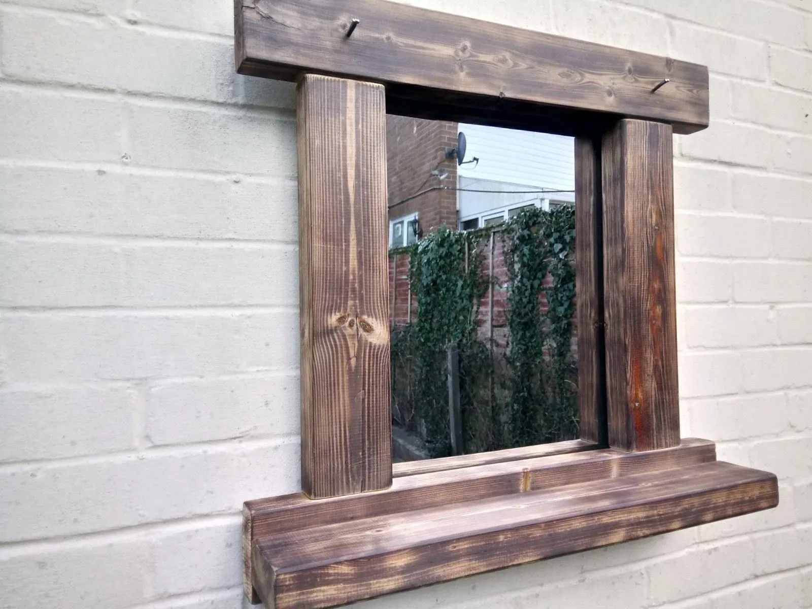 Reclaimed Solid Wood Rustic Mirror With Shelf - Style 2