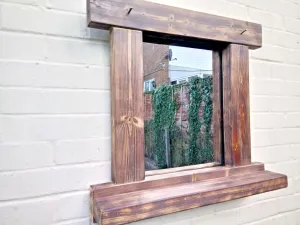 Reclaimed Solid Wood Rustic Mirror With Shelf - Style 2