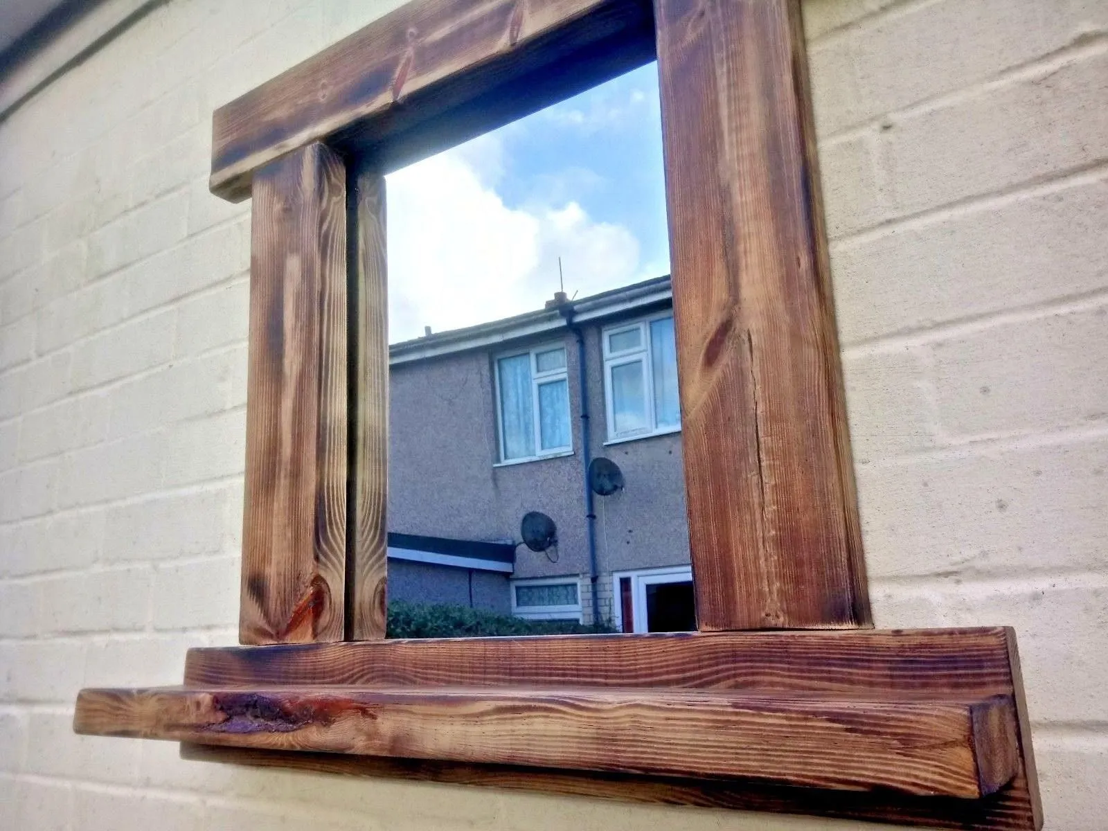 Reclaimed Solid Wood Rustic Mirror With Shelf - Style 2