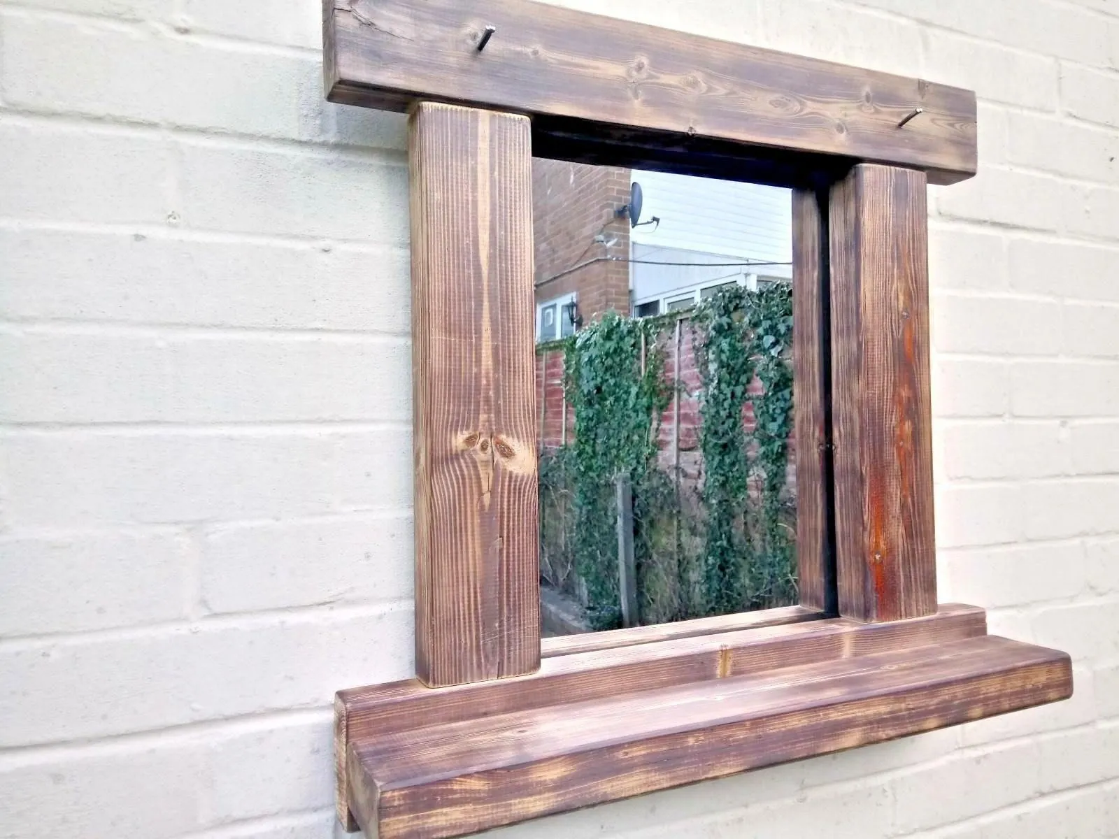 Reclaimed Solid Wood Rustic Mirror With Shelf - Style 2