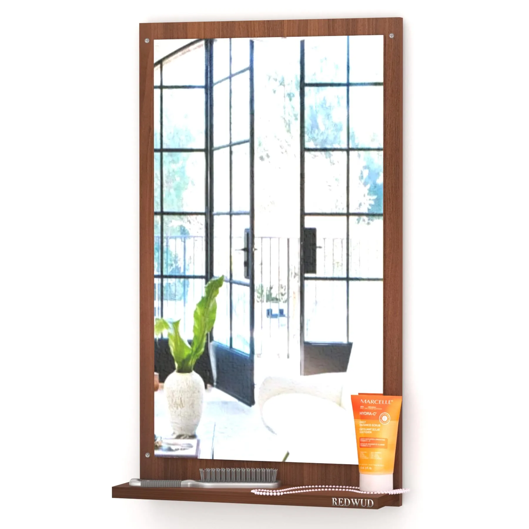 Redwud Mary Engineered Wood Matte Finish Dressing Wall Mirror with Shelf | Full Length Unframed Mirror for Bedroom, Bathroom, Living Room (Beige, Walnut)