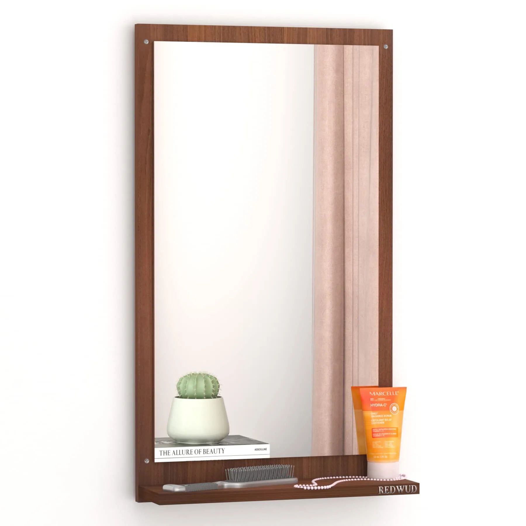 Redwud Mary Engineered Wood Matte Finish Dressing Wall Mirror with Shelf | Full Length Unframed Mirror for Bedroom, Bathroom, Living Room (Beige, Walnut)