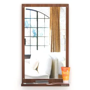 Redwud Mary Engineered Wood Matte Finish Dressing Wall Mirror with Shelf | Full Length Unframed Mirror for Bedroom, Bathroom, Living Room (Beige, Walnut)