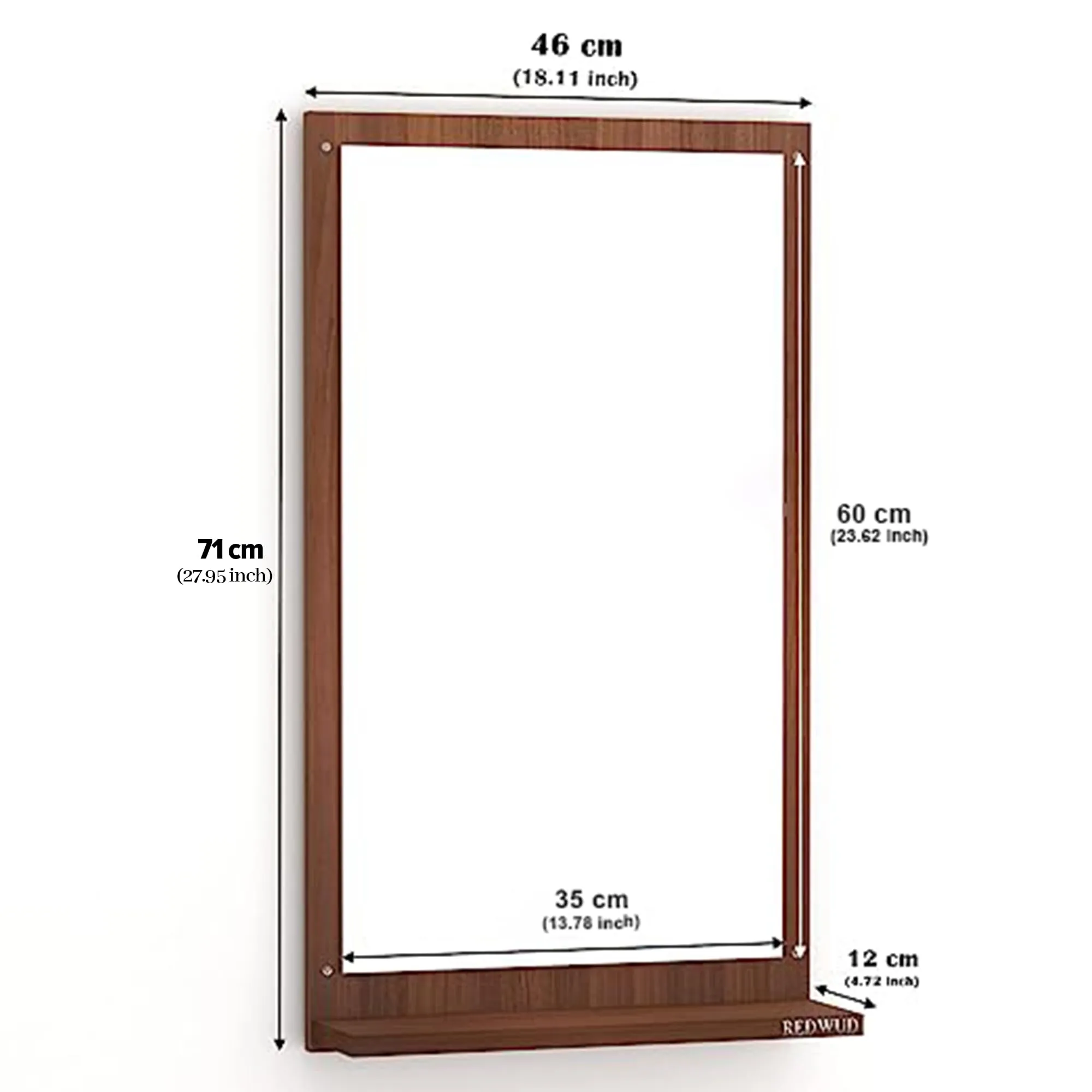 Redwud Mary Engineered Wood Matte Finish Dressing Wall Mirror with Shelf | Full Length Unframed Mirror for Bedroom, Bathroom, Living Room (Beige, Walnut)