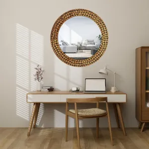 Round Shaped Brown Wooden Mirror Handmade Wall Mounted Mirror with Antique Frame Round Wooden Wall Mirror for Living Room Home Mirror for Wall Decoration, Framed 24'' inches