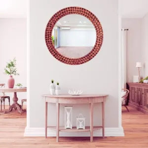 Round Shaped Maroon Wooden Mirror Handmade Wall Mounted Mirror with Antique Frame Round Wooden Wall Mirror for Living Room Home Mirror for Wall Decoration, Framed 24'' inches
