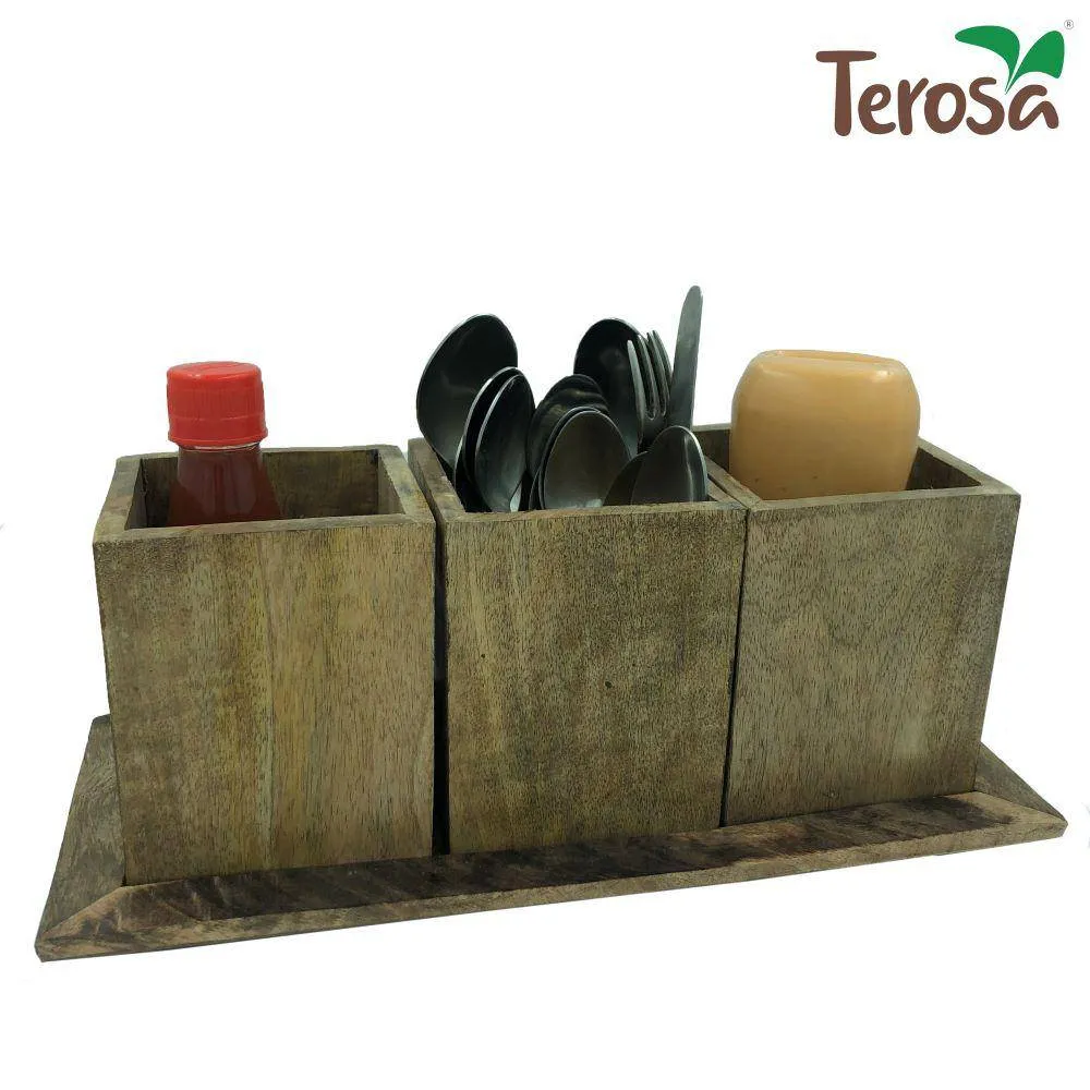 Rustic Wooden Kitchen Organiser or Caddy  Tri-Container with Tray
