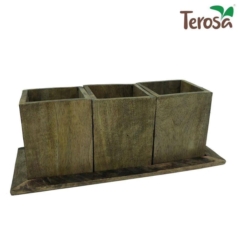Rustic Wooden Kitchen Organiser or Caddy  Tri-Container with Tray