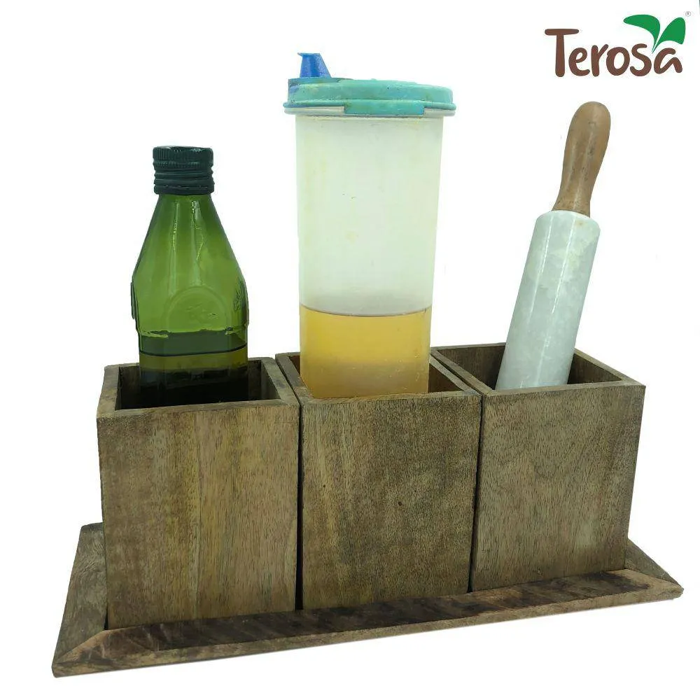 Rustic Wooden Kitchen Organiser or Caddy  Tri-Container with Tray