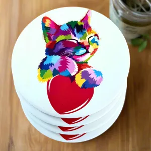 Set of 4 Ceramic Round Rainbow Kitten and Heart Cat Coasters