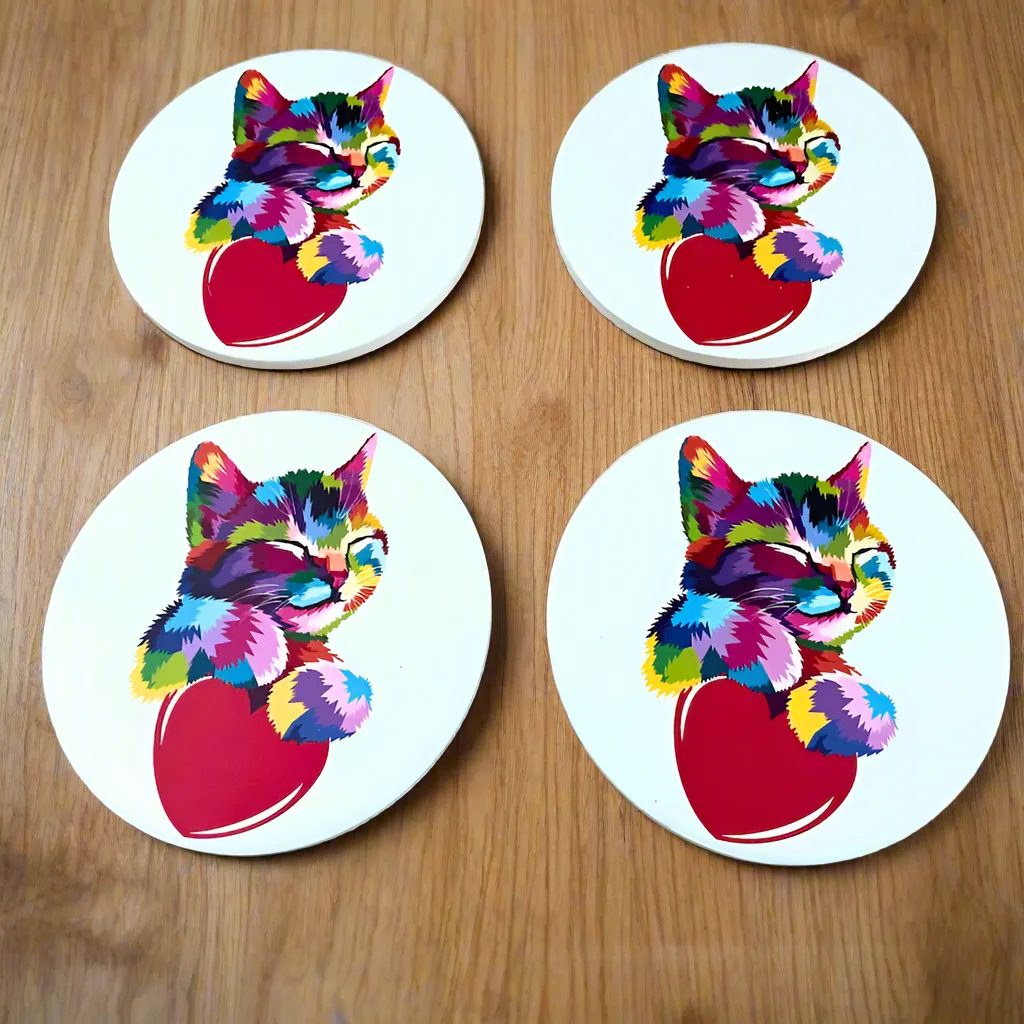 Set of 4 Ceramic Round Rainbow Kitten and Heart Cat Coasters