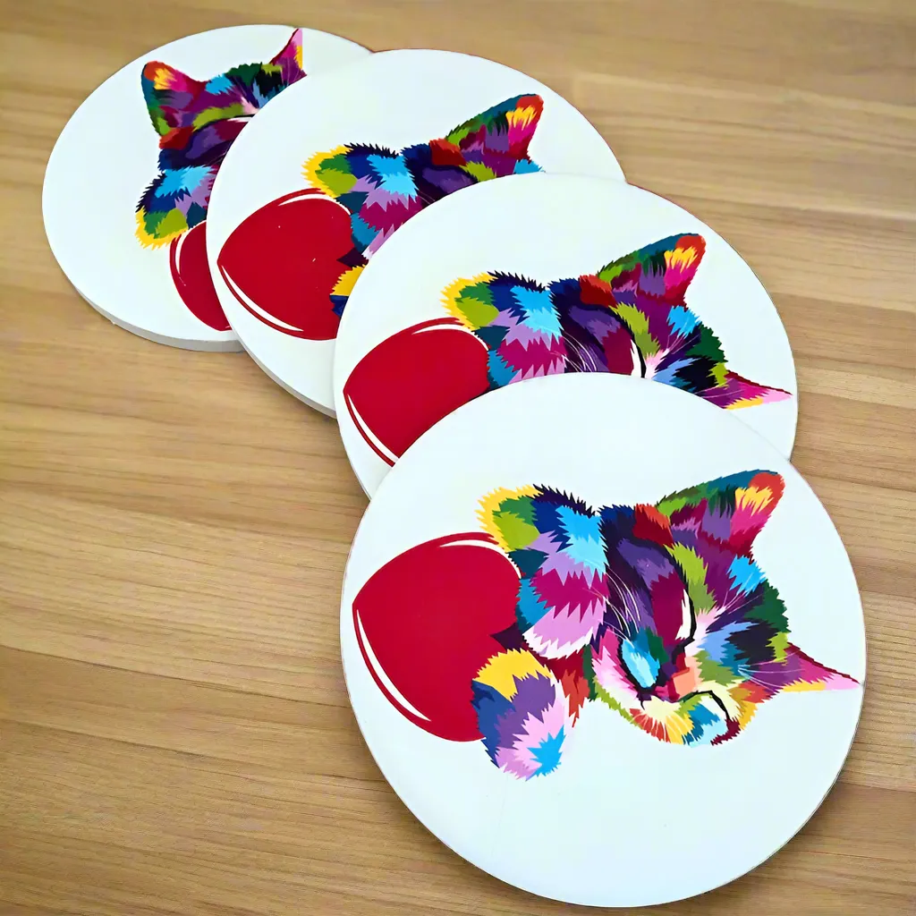 Set of 4 Ceramic Round Rainbow Kitten and Heart Cat Coasters