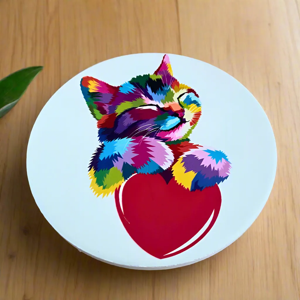 Set of 4 Ceramic Round Rainbow Kitten and Heart Cat Coasters