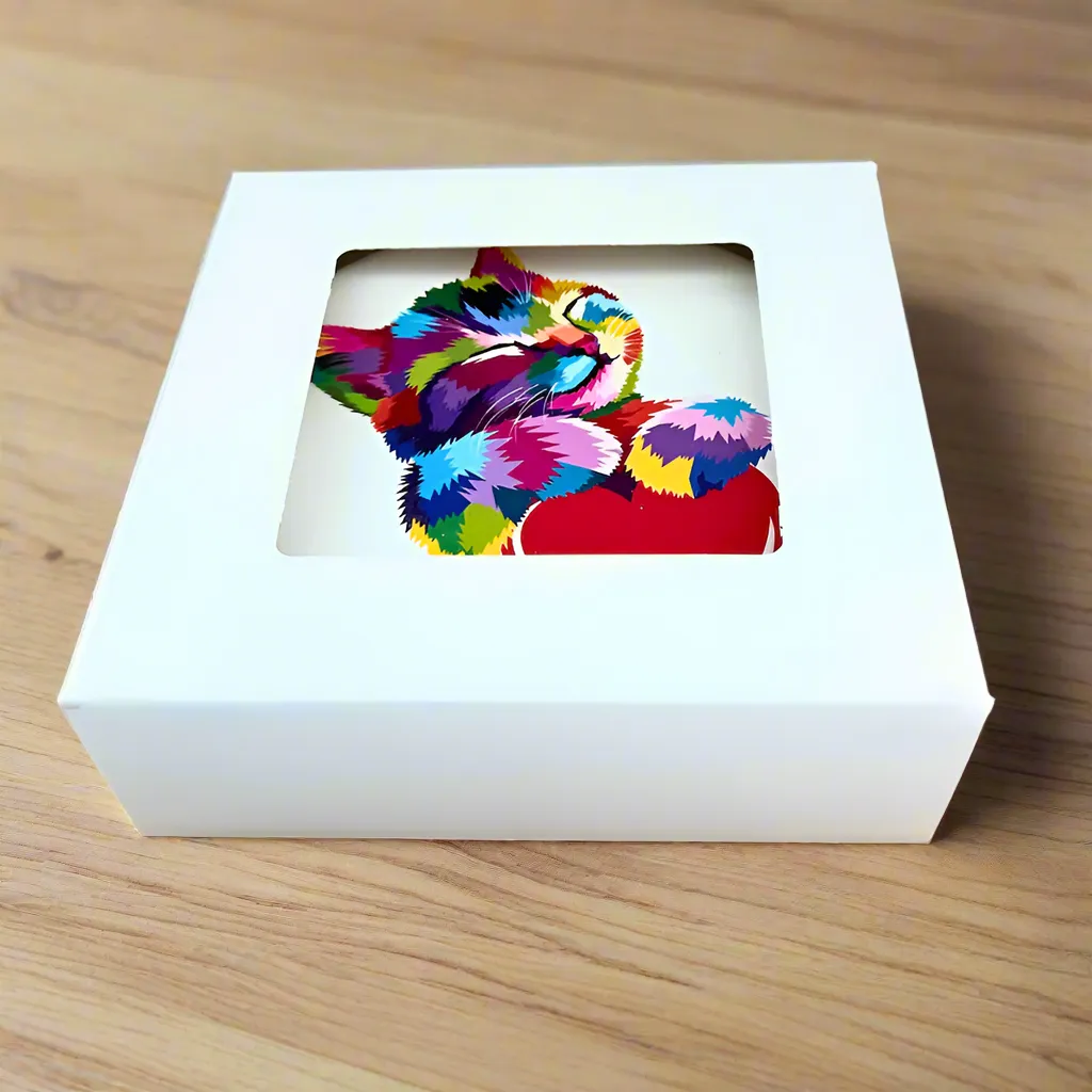 Set of 4 Ceramic Round Rainbow Kitten and Heart Cat Coasters