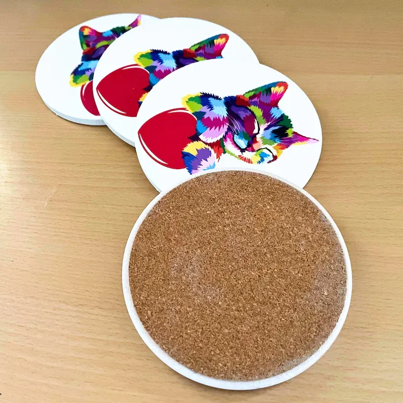 Set of 4 Ceramic Round Rainbow Kitten and Heart Cat Coasters