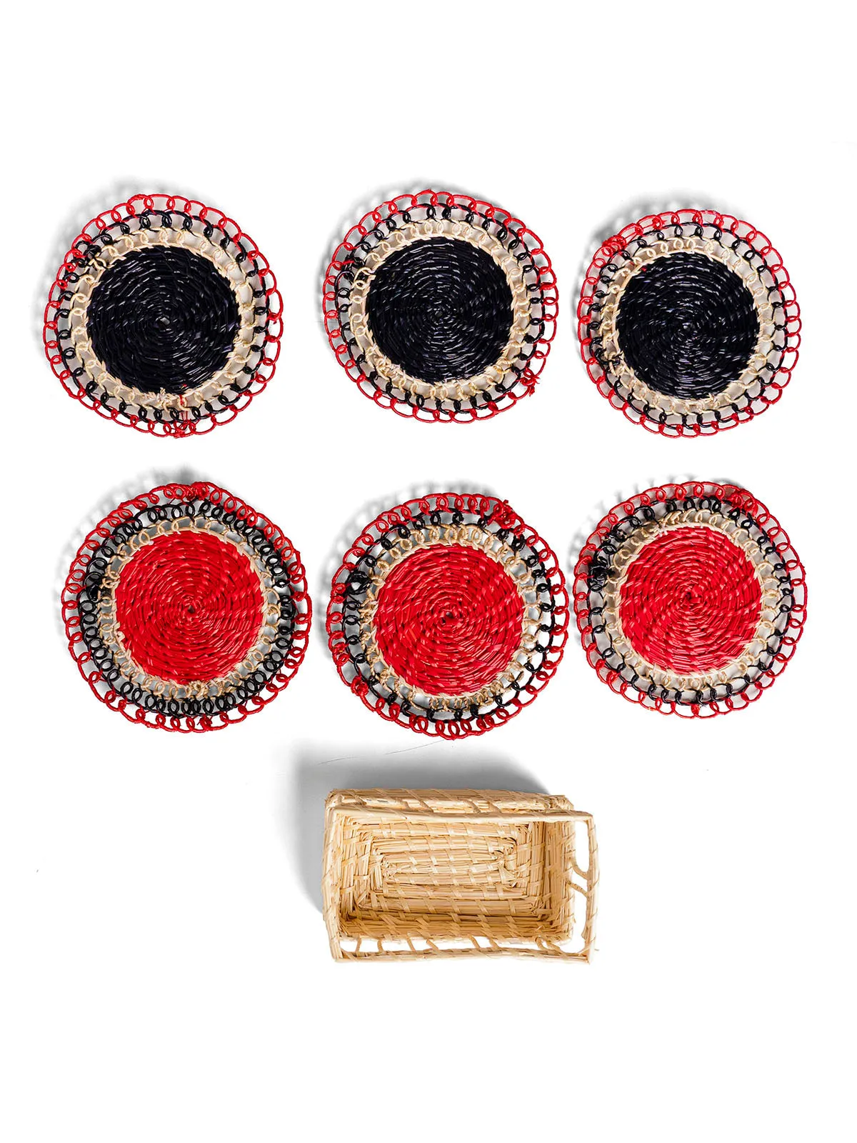 Sikki Grass Coaster Black and Red with Stand (Set of 6)