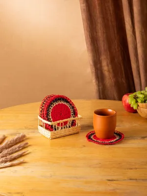 Sikki Grass Coaster Black and Red with Stand (Set of 6)
