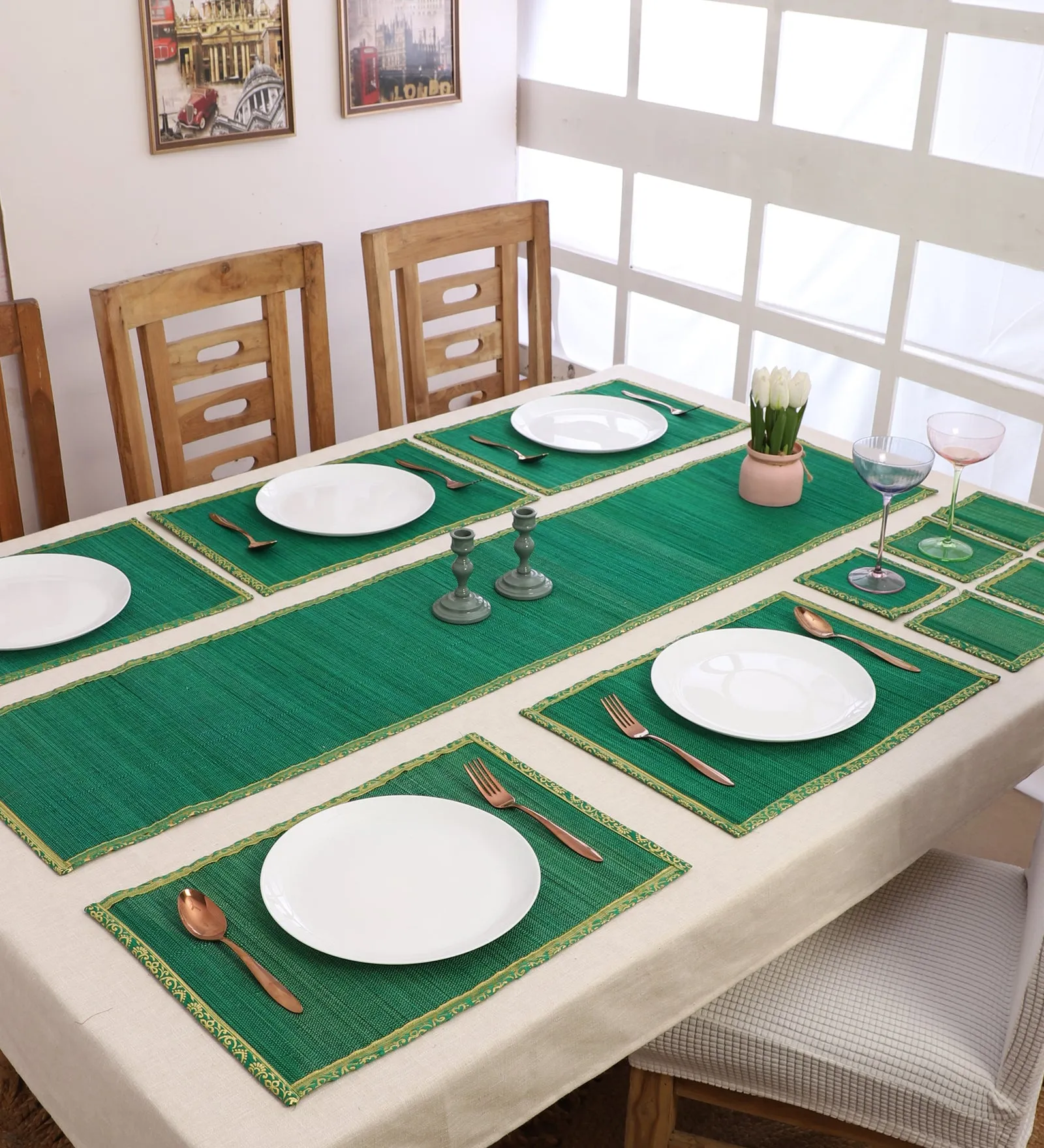 SILPAKARMAN Bamboo Dining Mats - Green (Set of 13)