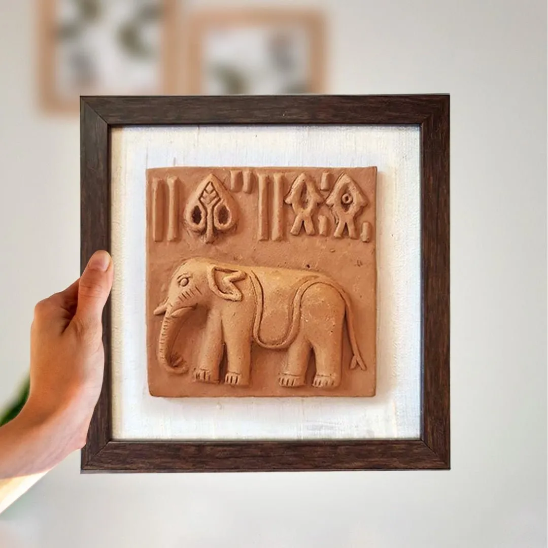 Terracotta Harappan Elephant Seal Replica With Frame |Handmade In India | Wall Decor | Gift