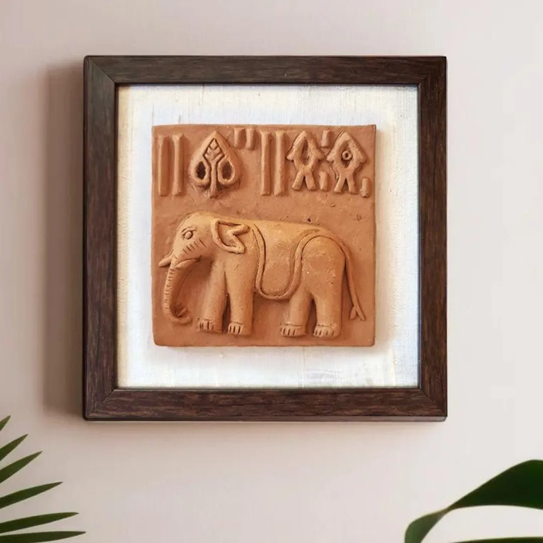 Terracotta Harappan Elephant Seal Replica With Frame |Handmade In India | Wall Decor | Gift