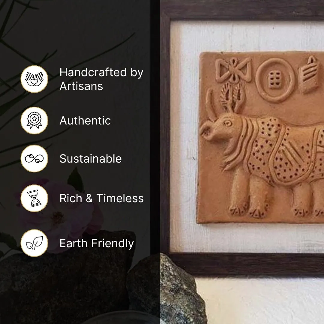 Terracotta Harappan Rhinoceros Seal Replica With Frame |Handmade In India | Wall Decor | Gift