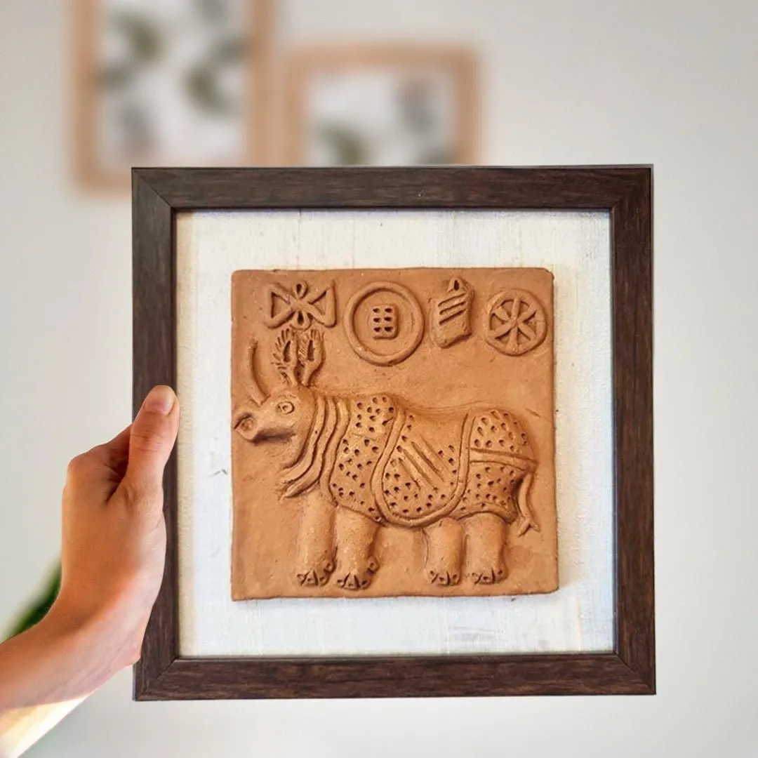 Terracotta Harappan Rhinoceros Seal Replica With Frame |Handmade In India | Wall Decor | Gift