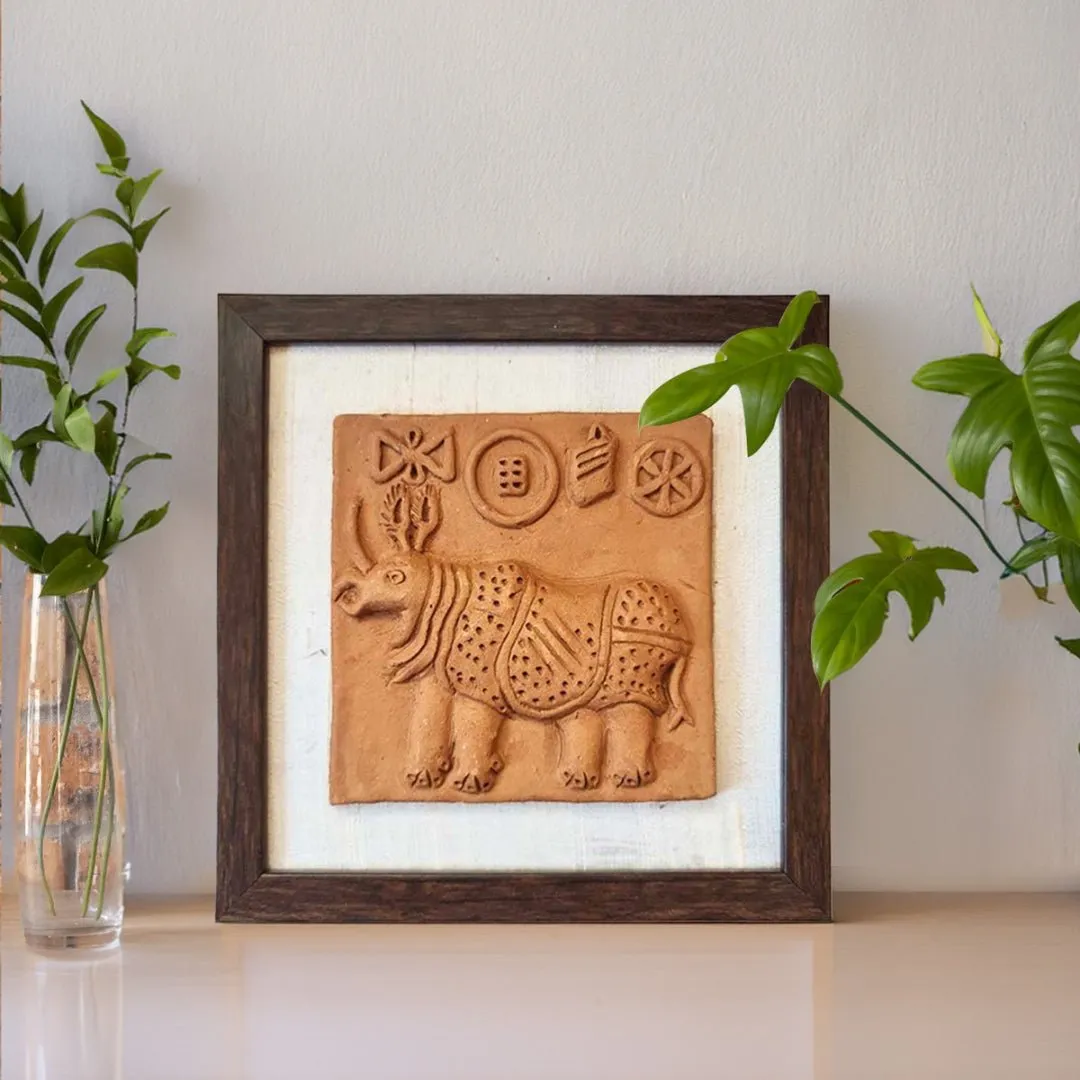 Terracotta Harappan Rhinoceros Seal Replica With Frame |Handmade In India | Wall Decor | Gift