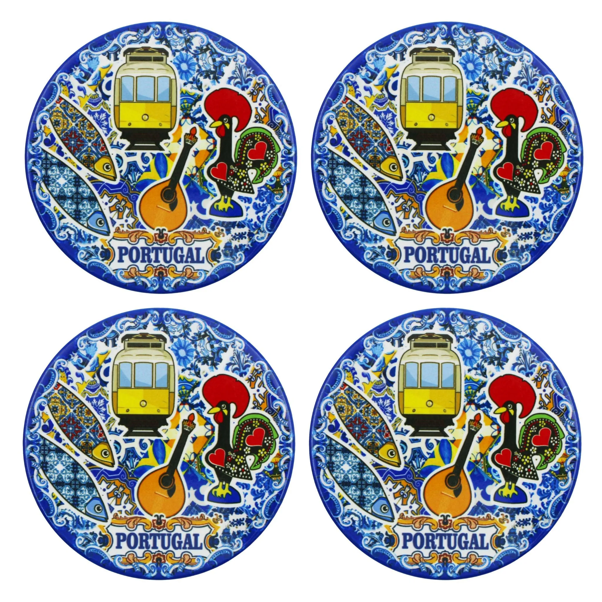 Traditional Blue Tile Azulejo Portugal Icons Themed Ceramic Coasters with Cork Bottom, Set of 4