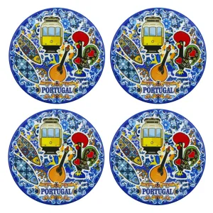 Traditional Blue Tile Azulejo Portugal Icons Themed Ceramic Coasters with Cork Bottom, Set of 4