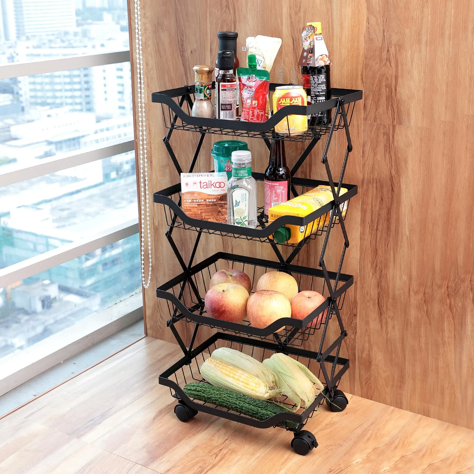UMAI Collapsible Storage Organizer Baskets Four Layer | Kitchen Racks for Storage of Fruits & Vegetables | Foldable Storage | Kitchen Organizer Items and Storage | Black