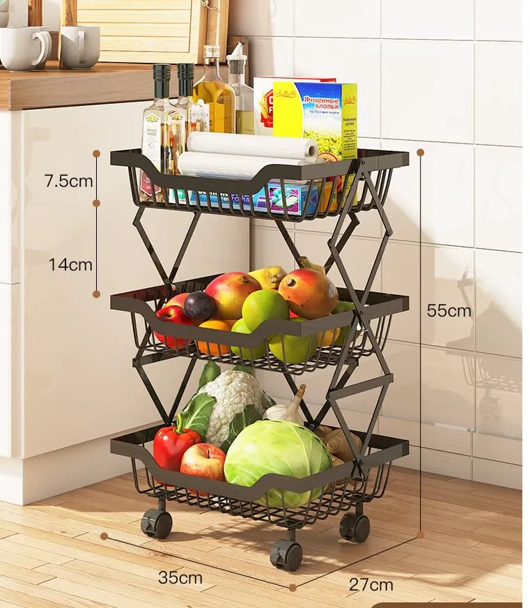 UMAI Collapsible Storage Organizer Baskets Three Layer | Kitchen Racks for Storage of Fruits & Vegetables | Foldable Storage | Kitchen Organizer Items and Storage | Black