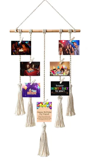 VAH Hanging Photo Display Macrame Wall Hanging Pictures Organizer Home Decor, Bohemian Home Decor, with Wood Clips (Macrame 5 Line)