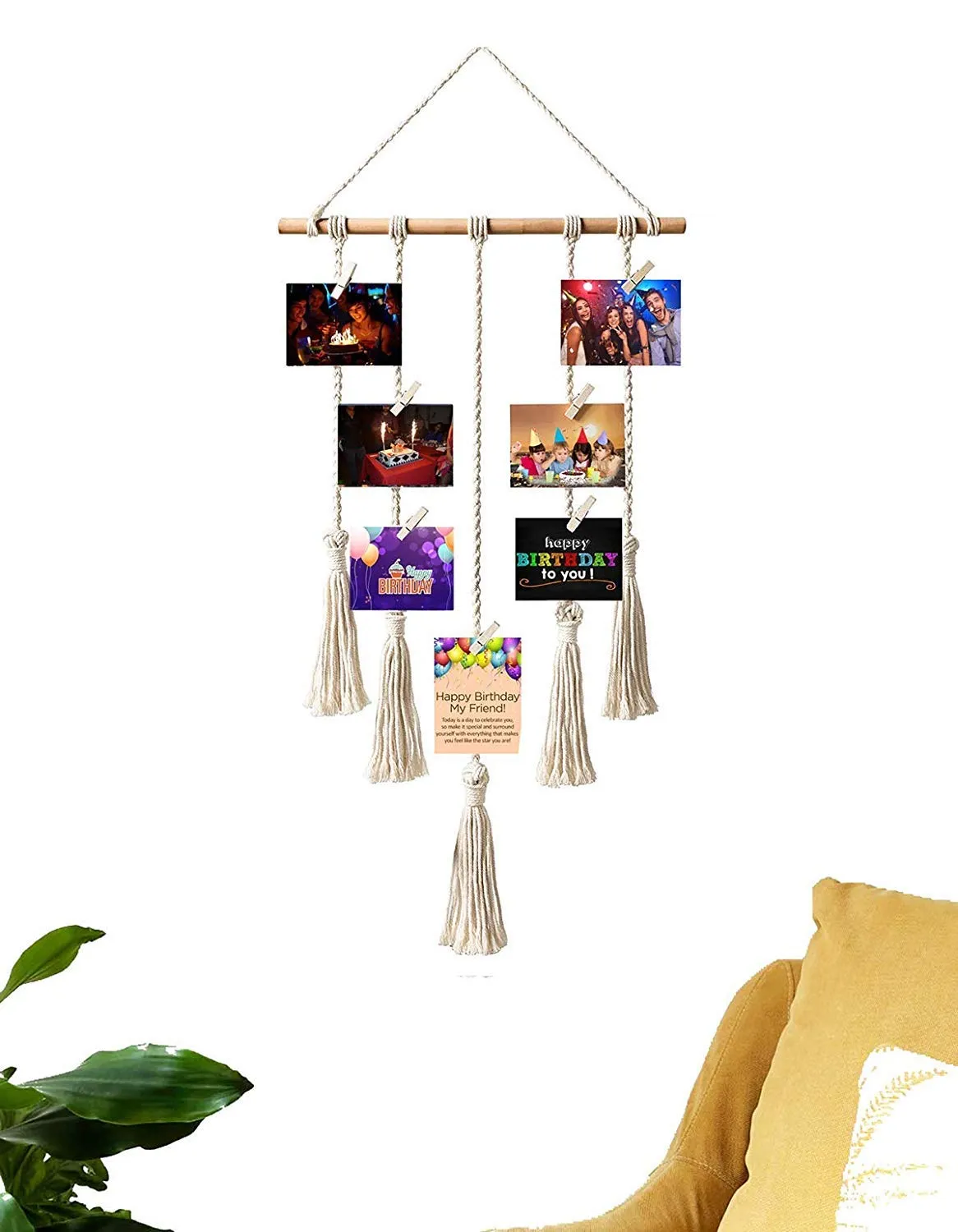 VAH Hanging Photo Display Macrame Wall Hanging Pictures Organizer Home Decor, Bohemian Home Decor, with Wood Clips (Macrame 5 Line)