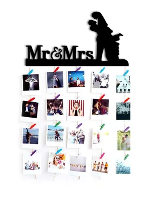 VAH Mr. and Mrs. Hanging Photo Display Picture Frame Collage Picture Display Organizer with Wood Clips for Wall Decor Hanging Photos Prints and Artwork