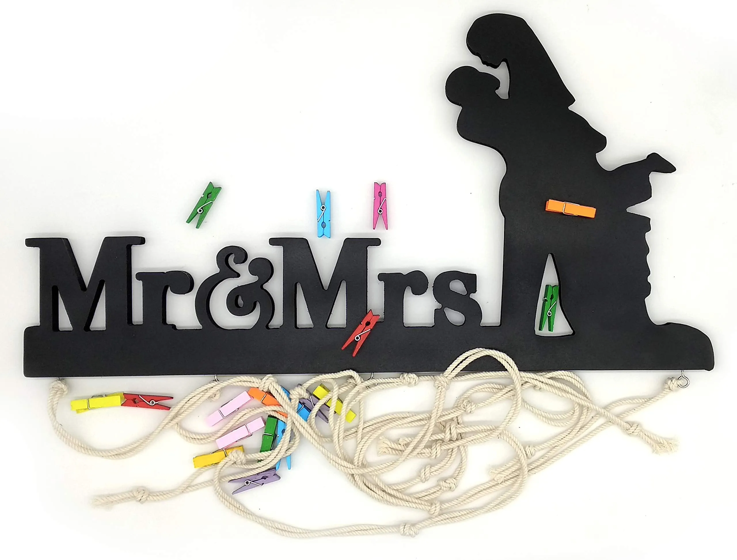 VAH Mr. and Mrs. Hanging Photo Display Picture Frame Collage Picture Display Organizer with Wood Clips for Wall Decor Hanging Photos Prints and Artwork
