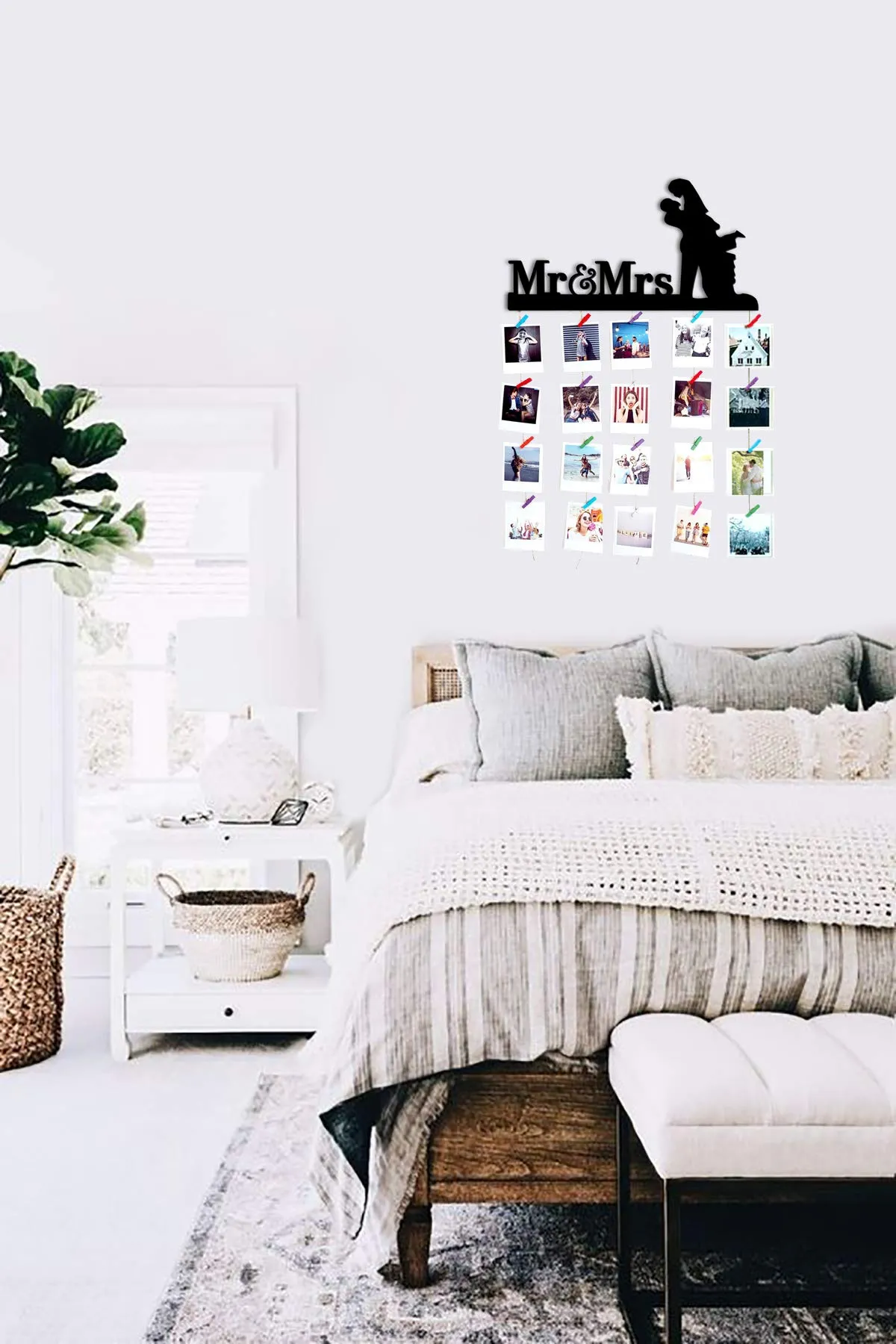 VAH Mr. and Mrs. Hanging Photo Display Picture Frame Collage Picture Display Organizer with Wood Clips for Wall Decor Hanging Photos Prints and Artwork
