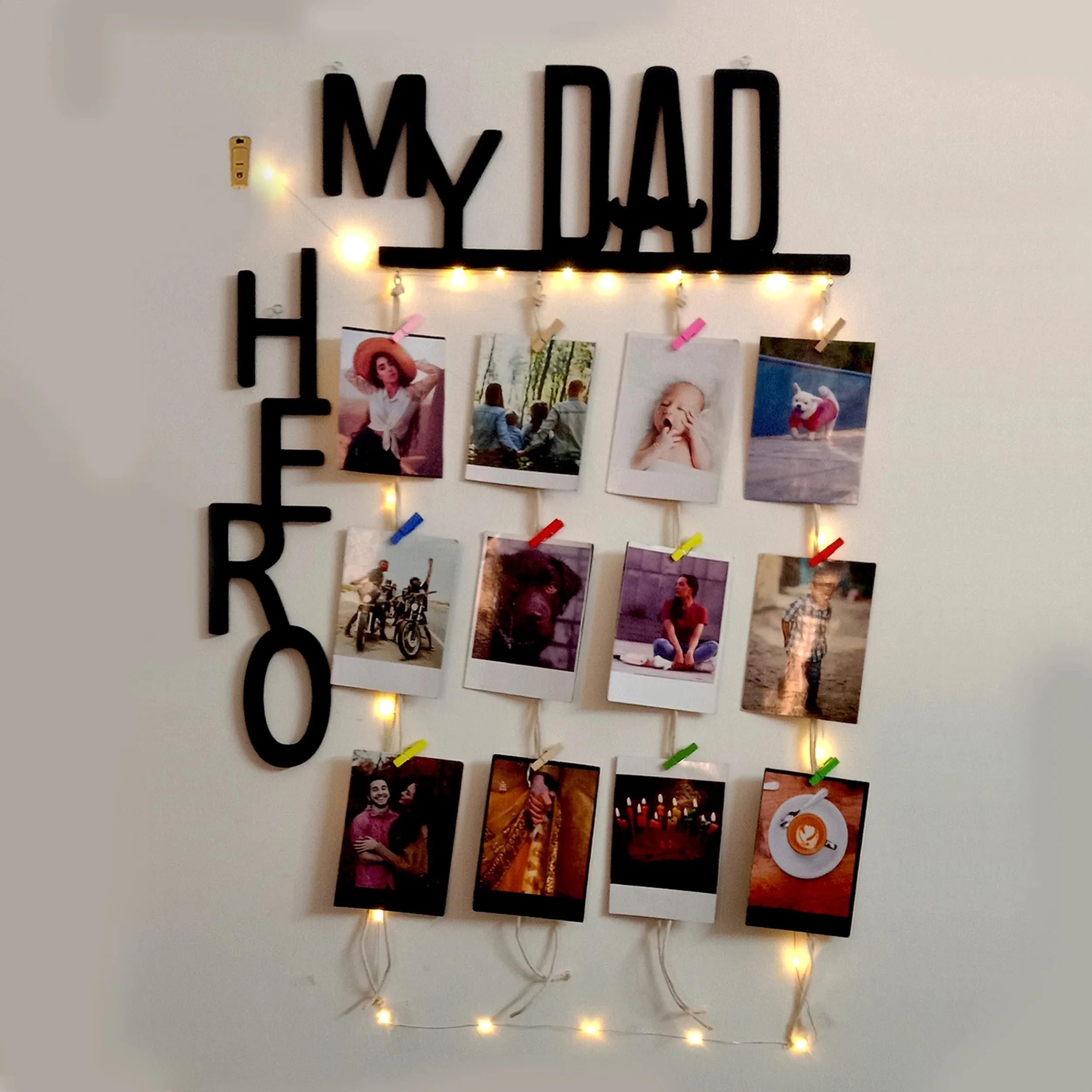 VAH My Dad my Hero with lightdesign Hanging Photo Display Picture Frame Collage Picture Display Organizer with Wood Clips LED Light for Wall Decor Hanging Photos