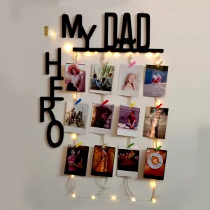 VAH My Dad my Hero with lightdesign Hanging Photo Display Picture Frame Collage Picture Display Organizer with Wood Clips LED Light for Wall Decor Hanging Photos
