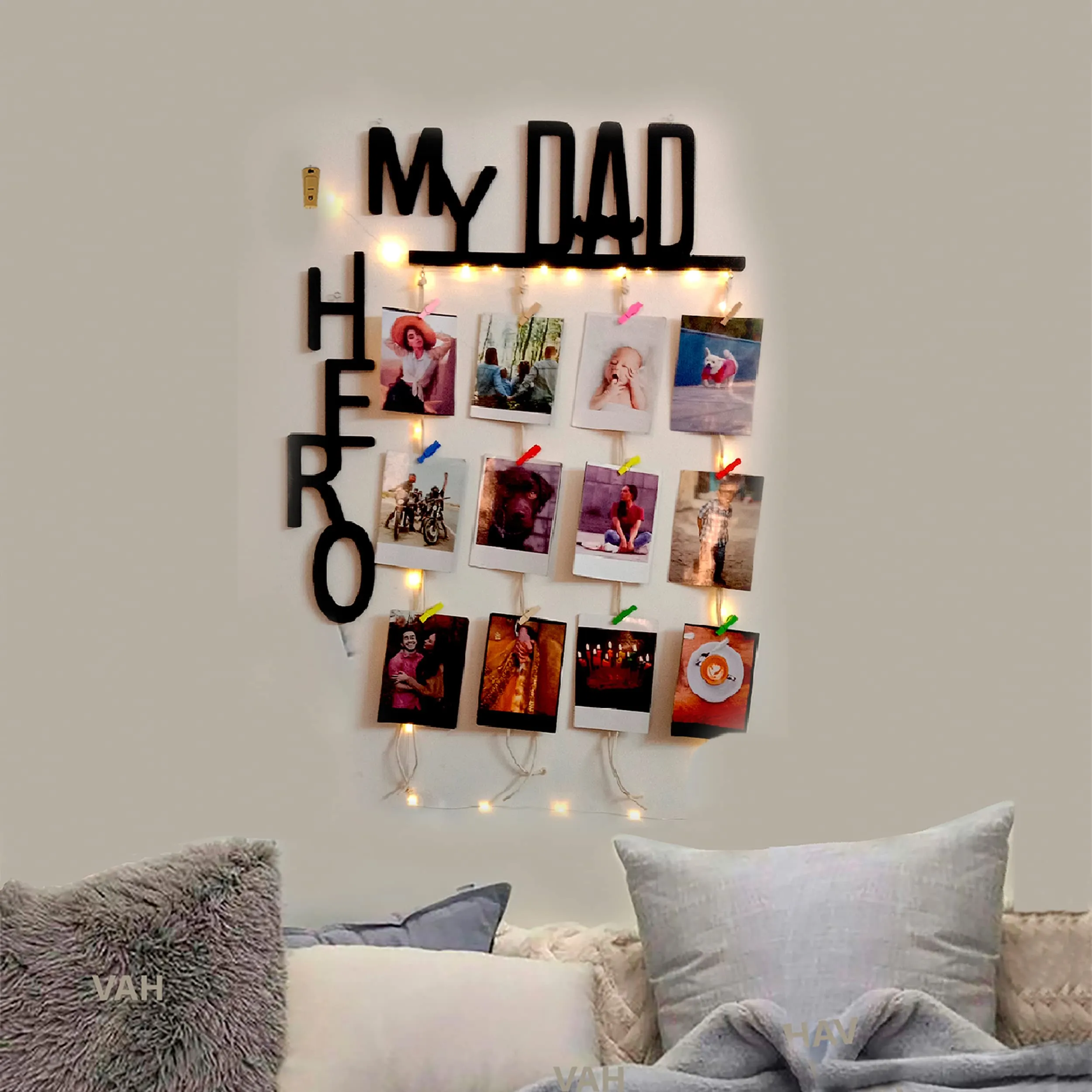 VAH My Dad my Hero with lightdesign Hanging Photo Display Picture Frame Collage Picture Display Organizer with Wood Clips LED Light for Wall Decor Hanging Photos