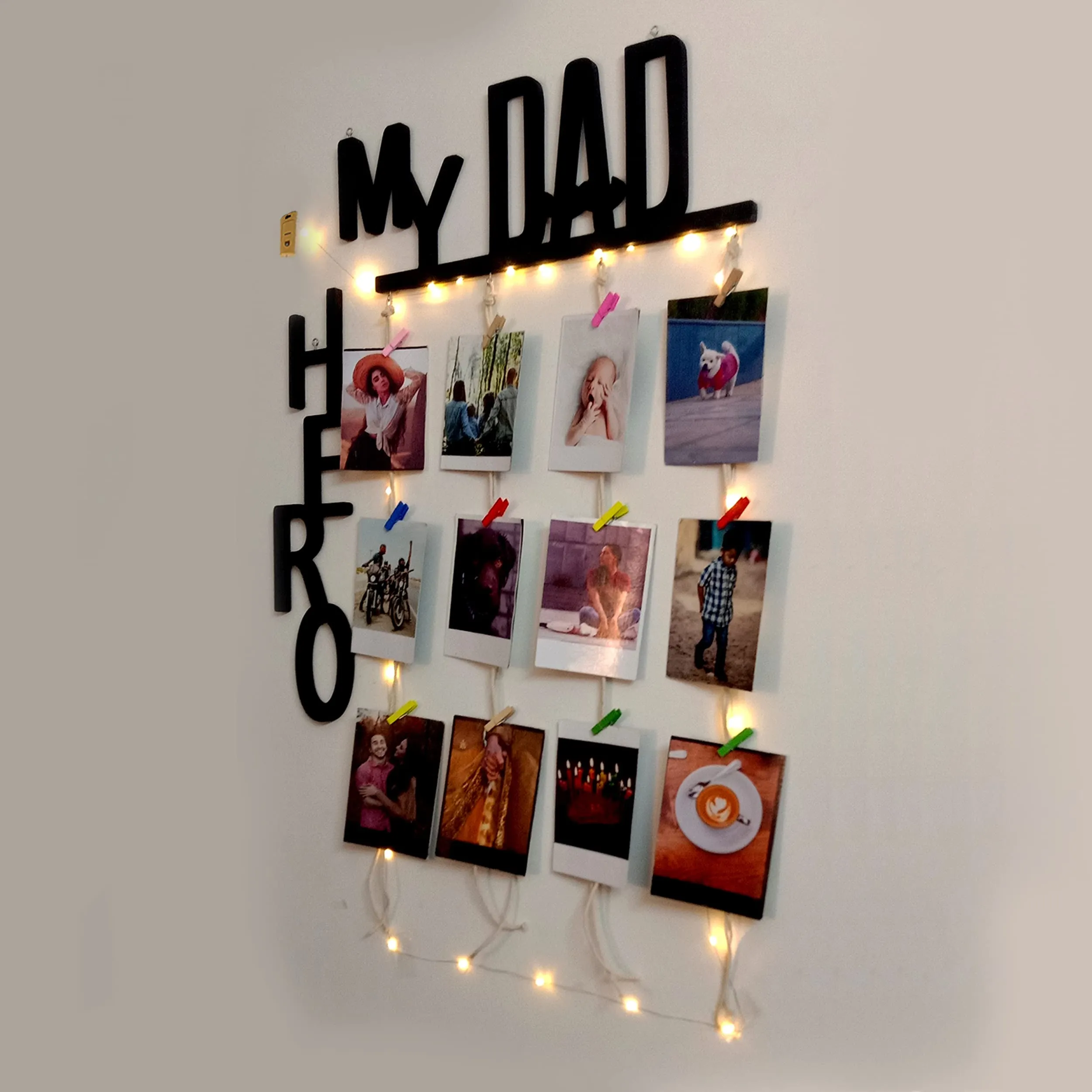 VAH My Dad my Hero with lightdesign Hanging Photo Display Picture Frame Collage Picture Display Organizer with Wood Clips LED Light for Wall Decor Hanging Photos