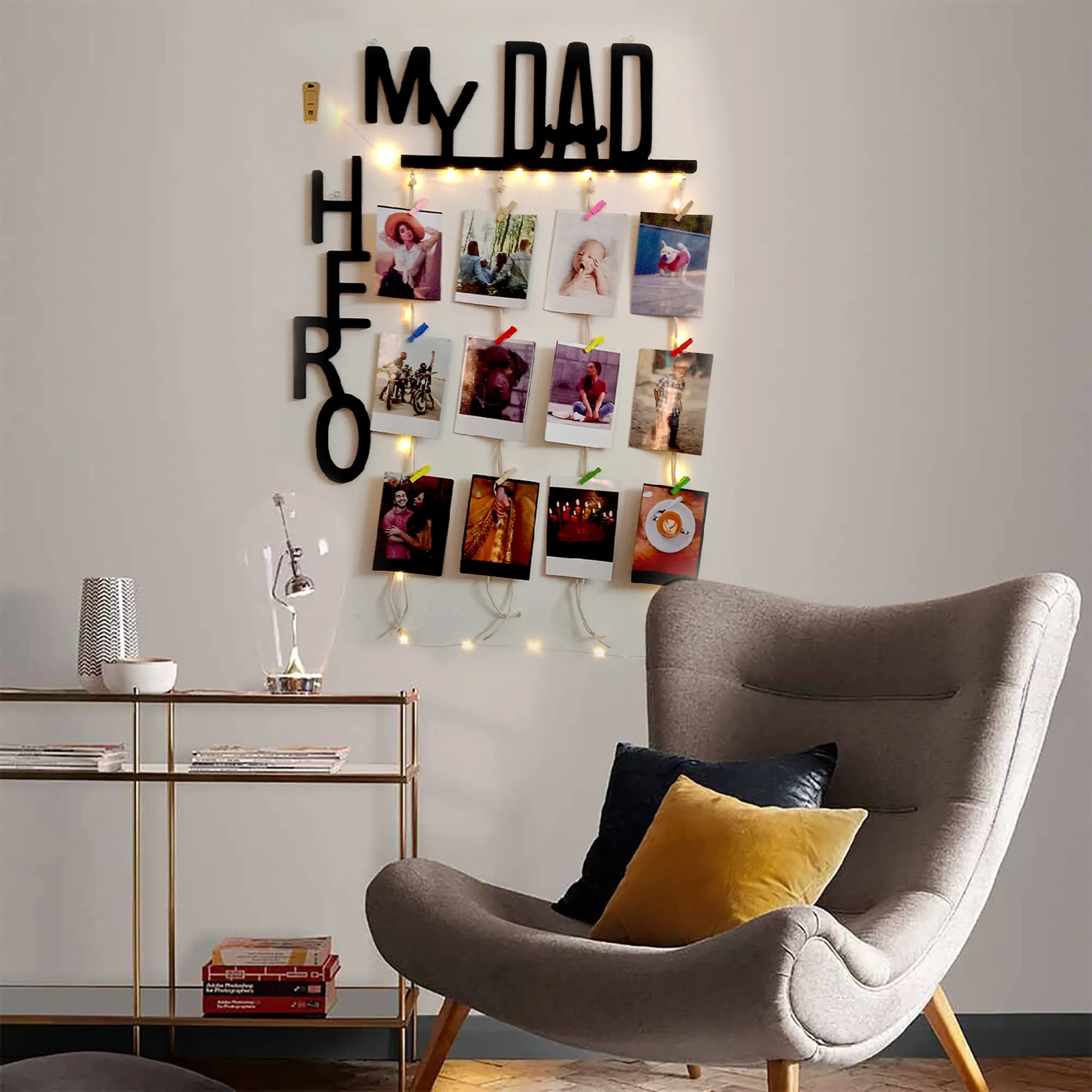 VAH My Dad my Hero with lightdesign Hanging Photo Display Picture Frame Collage Picture Display Organizer with Wood Clips LED Light for Wall Decor Hanging Photos