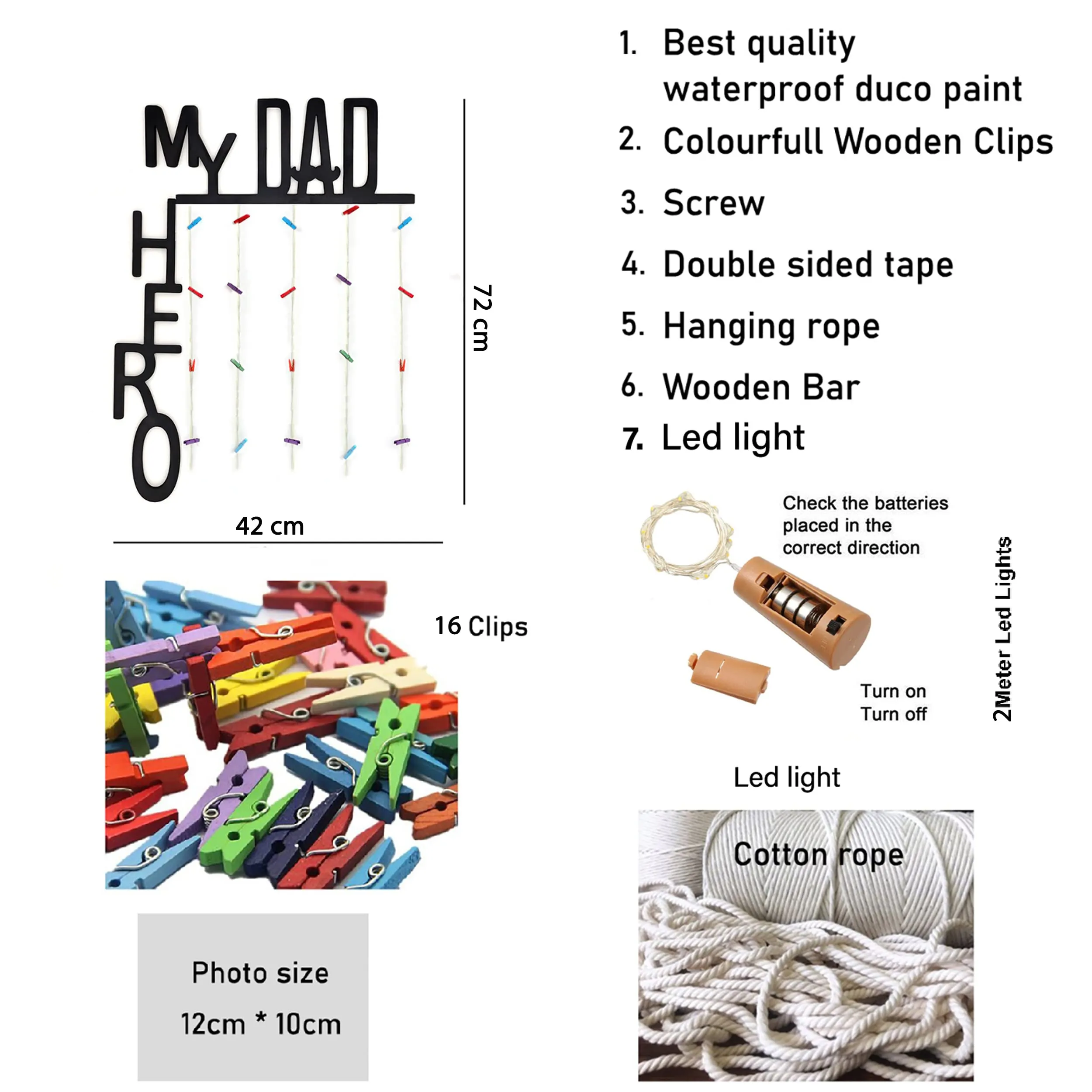 VAH My Dad my Hero with lightdesign Hanging Photo Display Picture Frame Collage Picture Display Organizer with Wood Clips LED Light for Wall Decor Hanging Photos