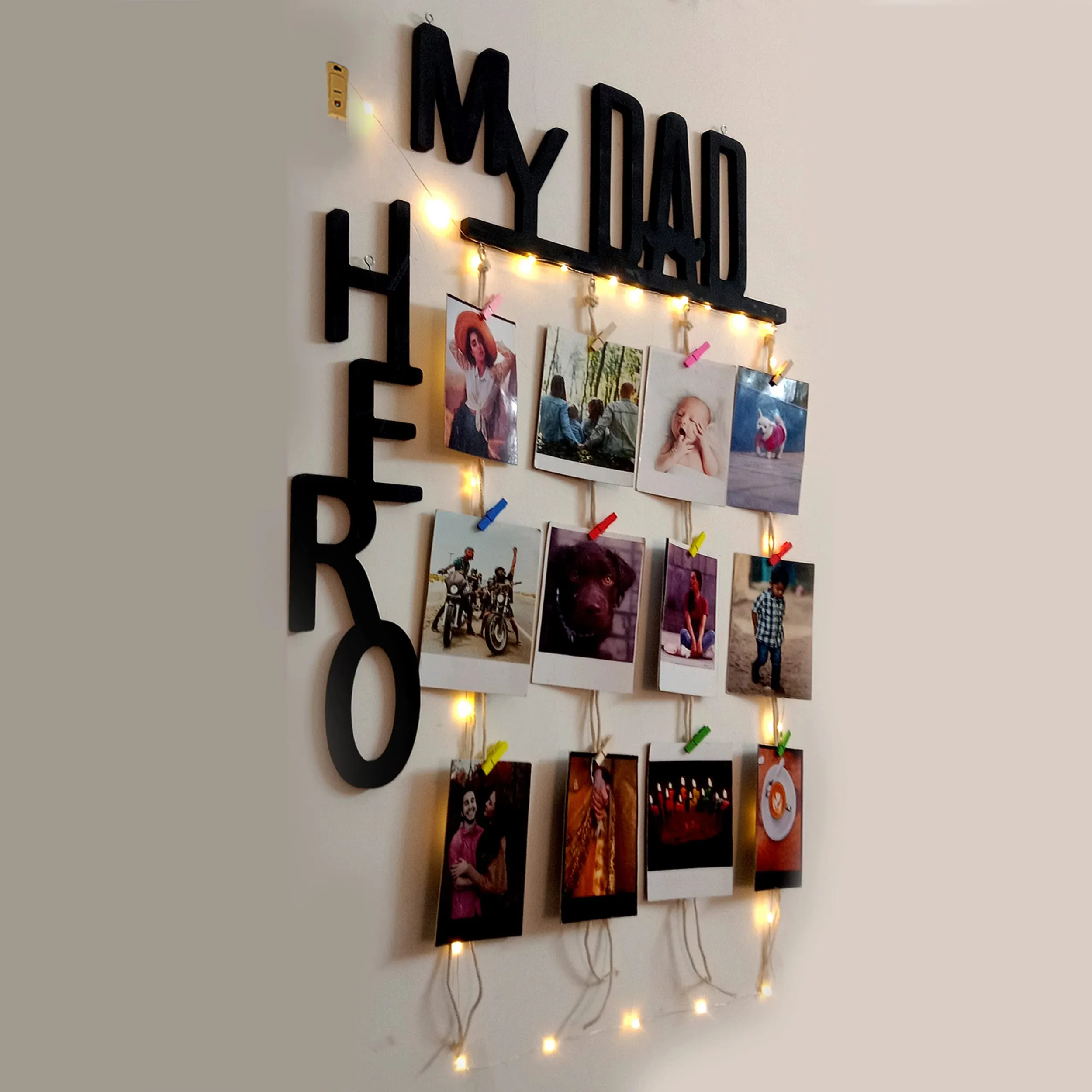 VAH My Dad my Hero with lightdesign Hanging Photo Display Picture Frame Collage Picture Display Organizer with Wood Clips LED Light for Wall Decor Hanging Photos