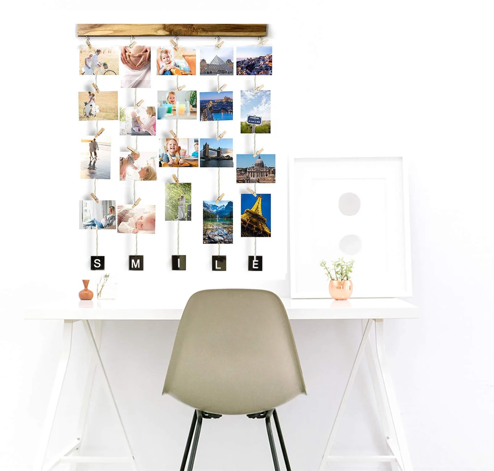 VAH Wood Smile Picture Photo Frame for Wall Decor Photos Artworks Prints Multi Pictures Organizer & Hanging Display Frames with Wood Clips